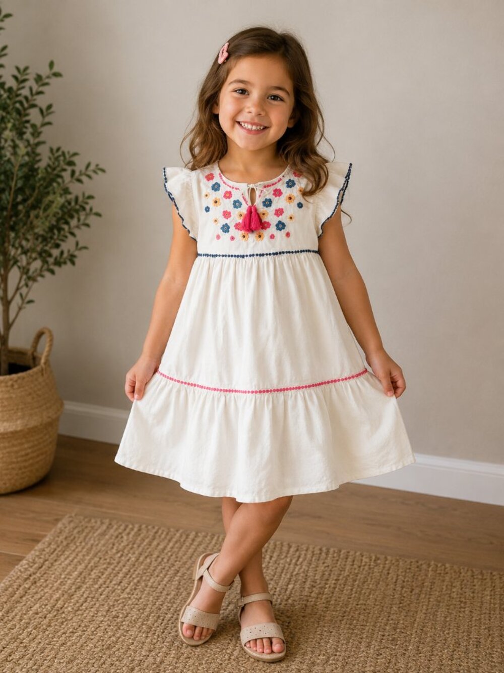 BISBY Girls Size 6 Embroidered Cotton Dress Boho Flutter Sleeve Boutique white